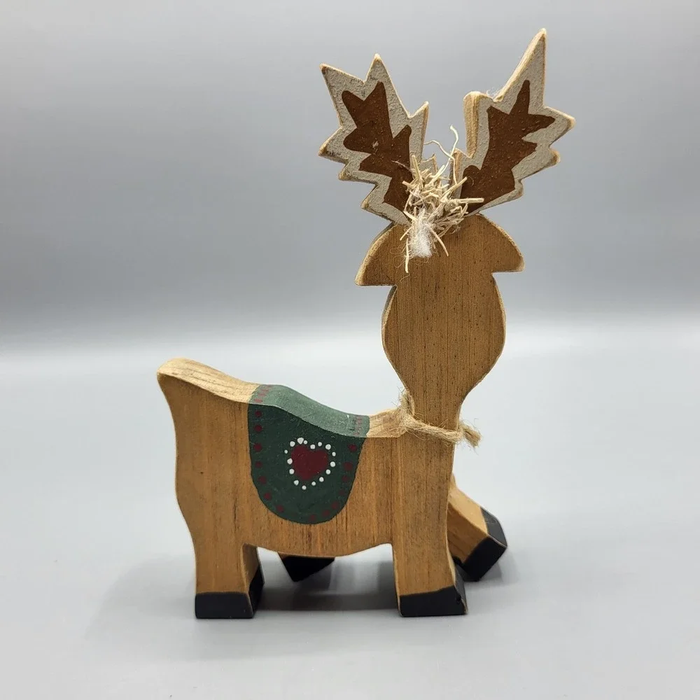 Vintage Wooden Red Nose Reindeer Figurine Holiday Decor Small Rustic Folk Art